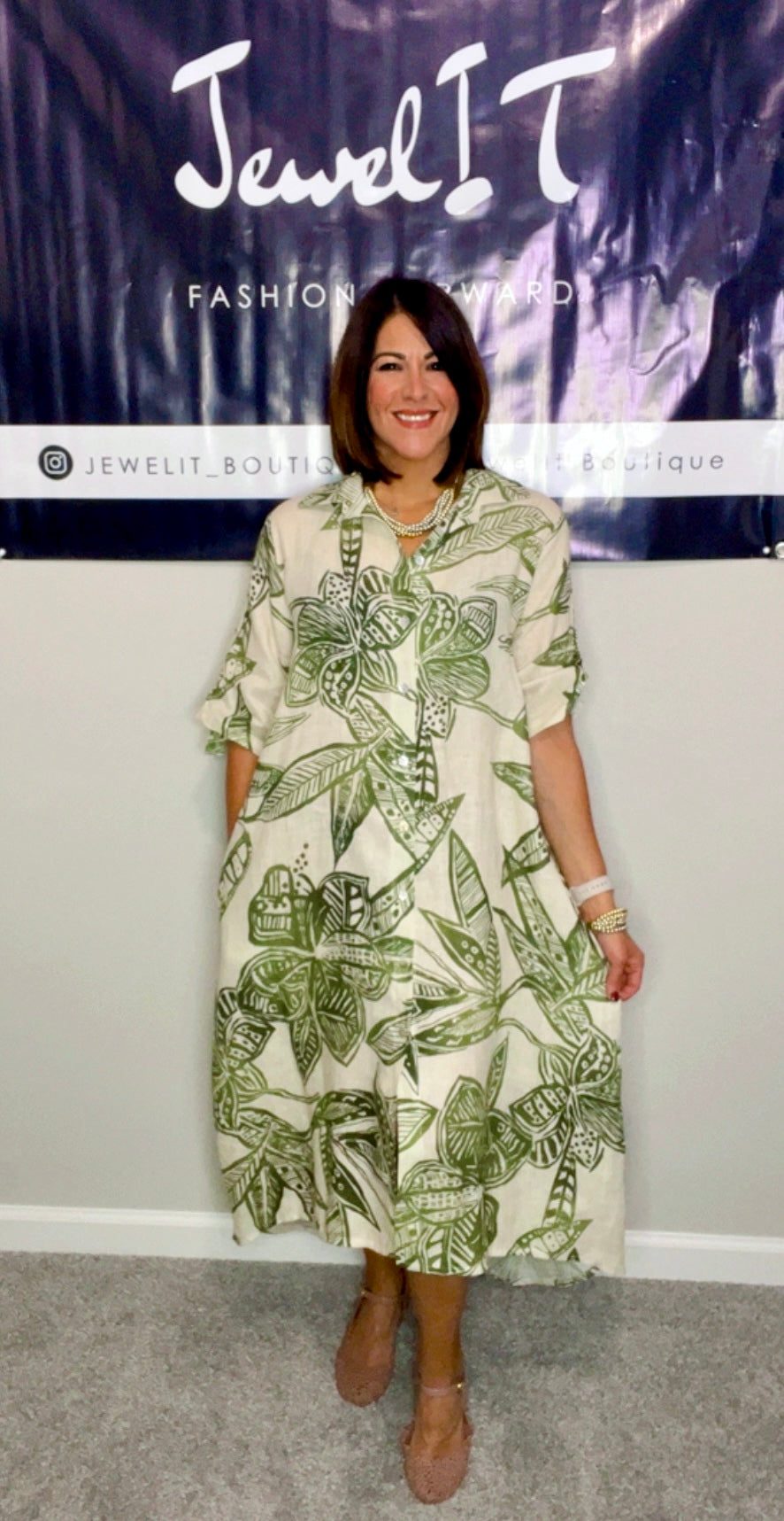 Italian Leaves Stamped Linen Dress