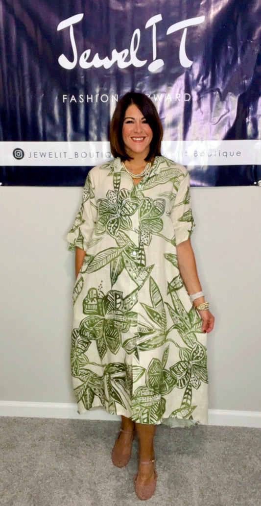 Italian Leaves Stamped Linen Dress