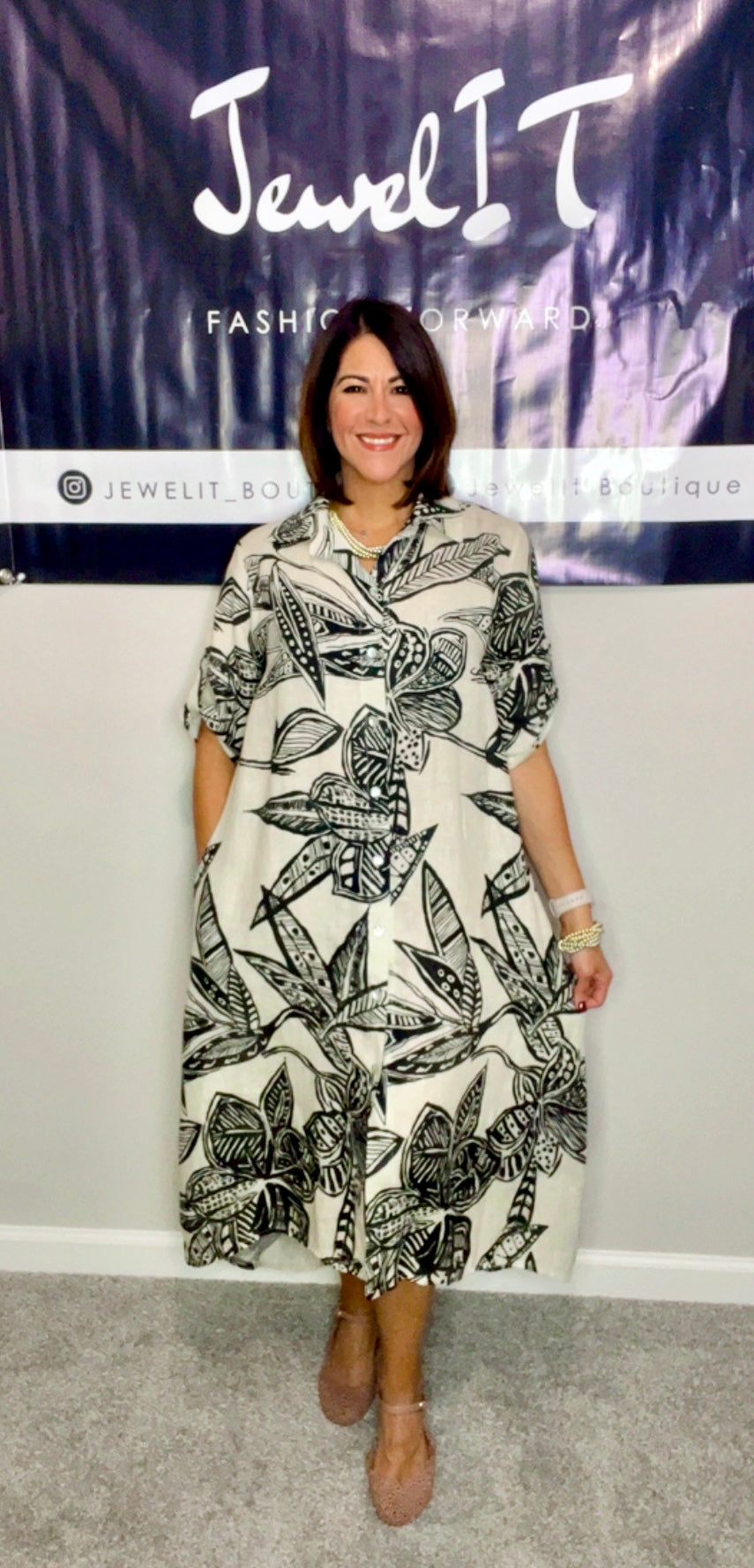 Italian Leaves Stamped Linen Dress