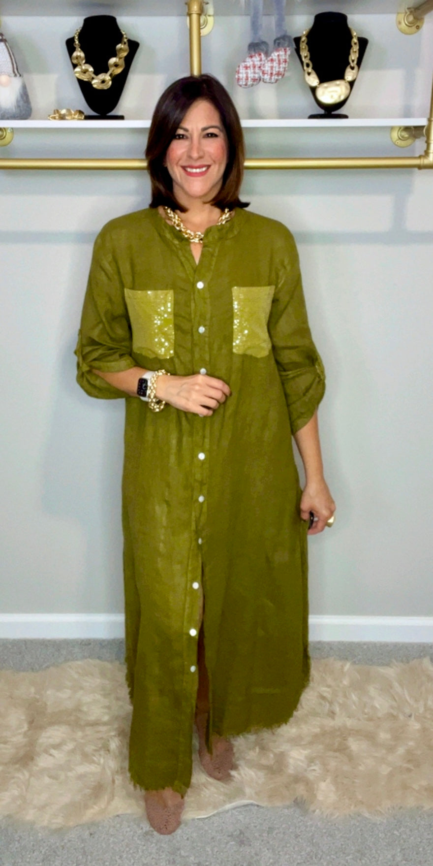 Italian Sequins Linen Dress Shirt