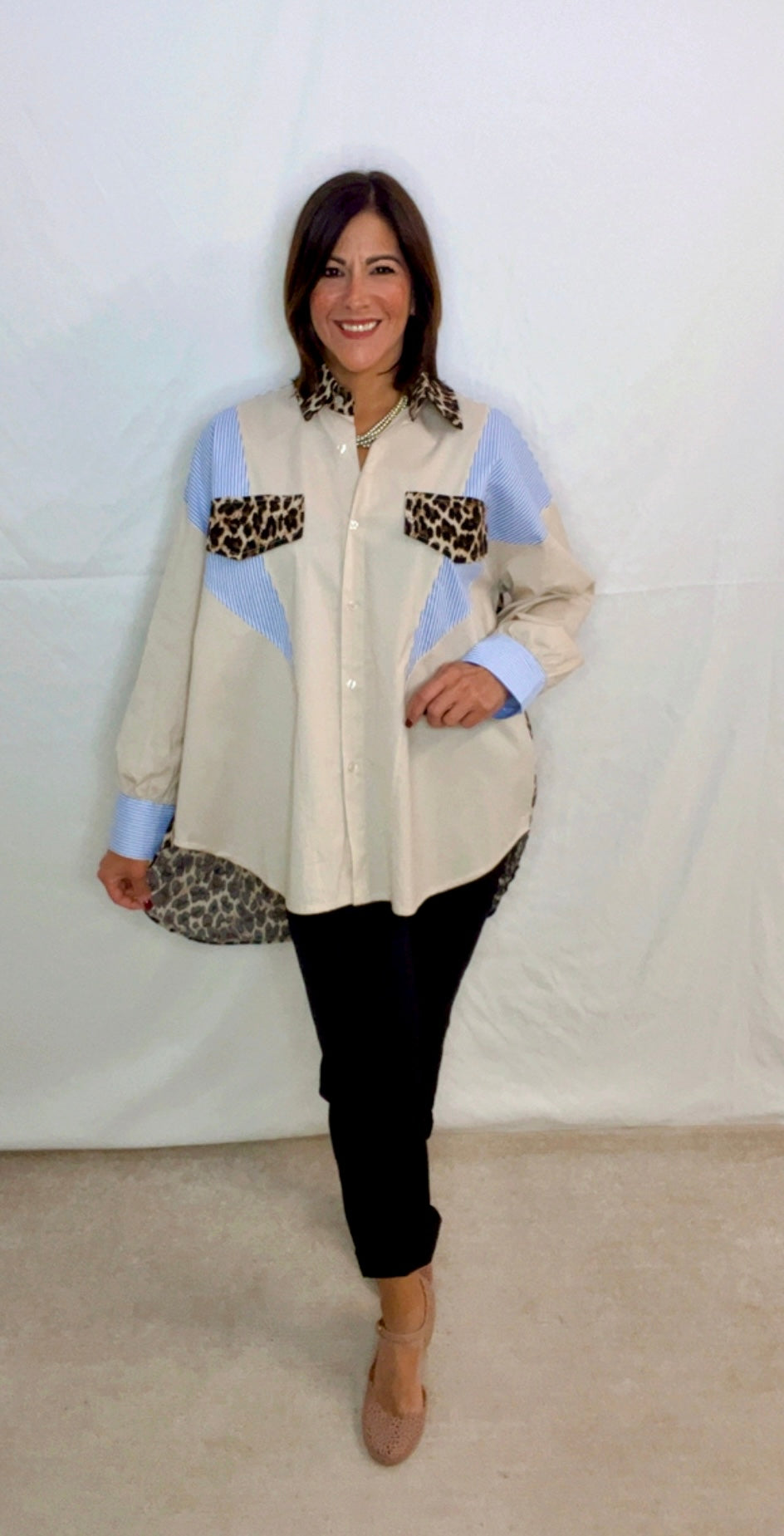 Italian Leopard Pattern Block Oversized Blouse