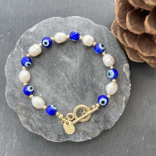 Gold plated Evil Eye With Pearls Bracelet (7.4”)